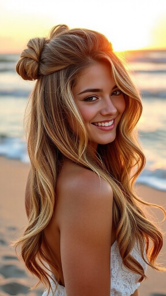 half up beach wave hairstyle
